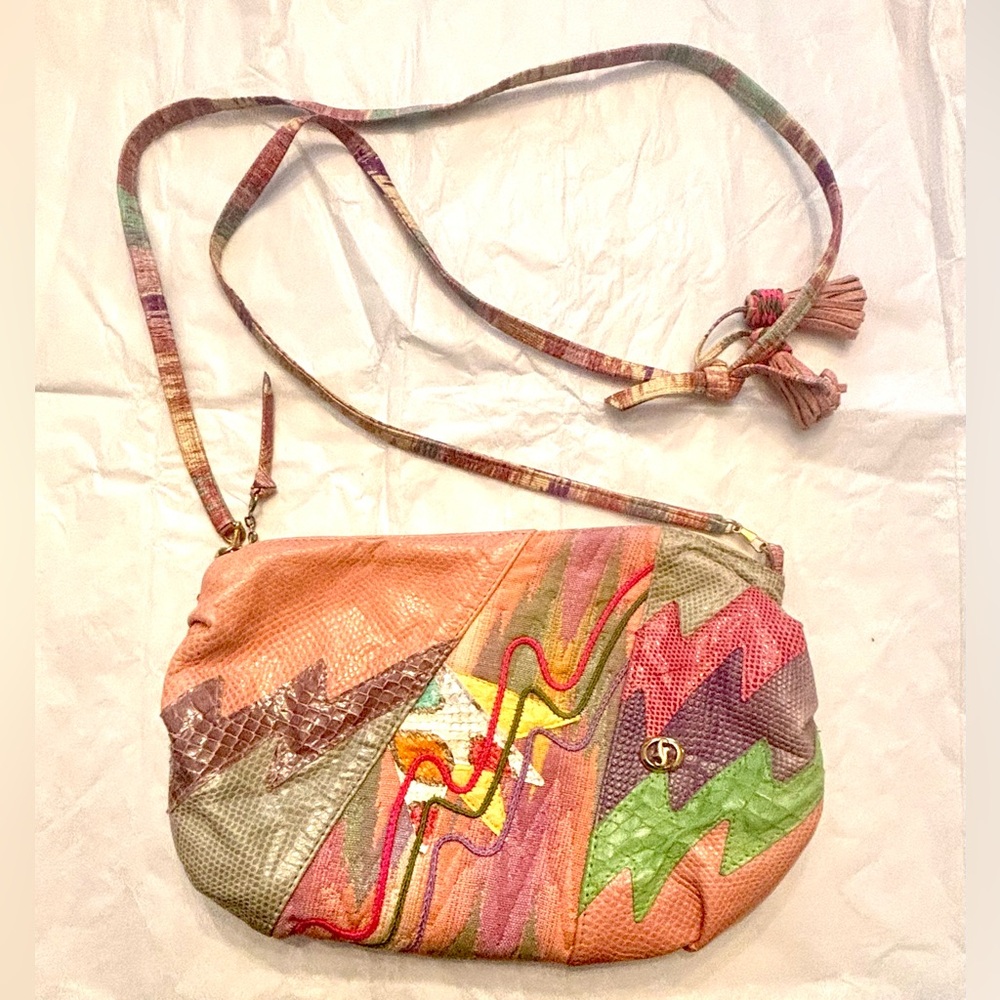 VNTG Carlo Fiori Italy Mixed Media Patchwork Crossbody - Exotic Skin - EUC